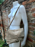 Cream crossbody suede bag. BOHO genuine leather bag in light BEIGE. Cream suede purse. Beige messenger. Zpper, flap + adjustable strap