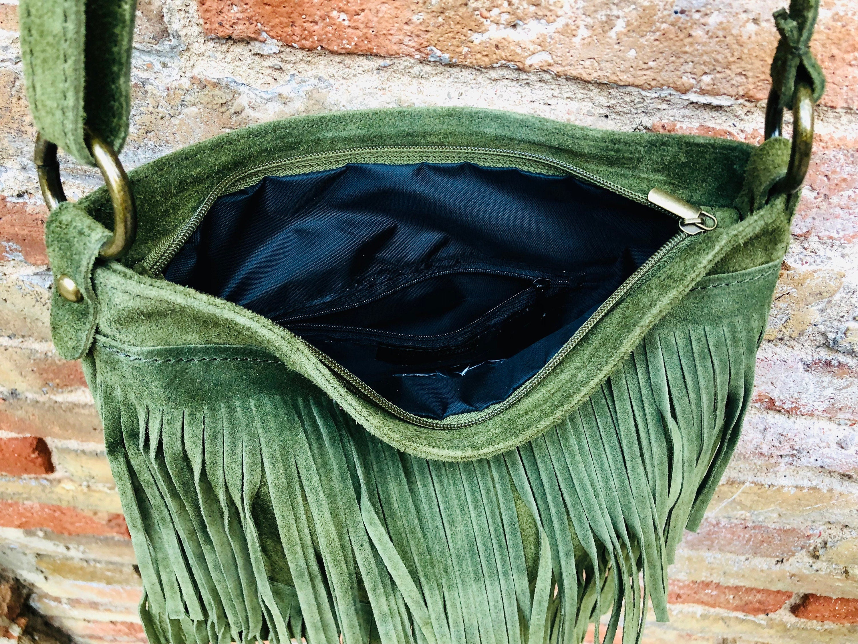 Cross body fringe bag. BOHO suede leather bag in GREEN with FRINGES. Larger model. genuine suede crossbody hippy bag. Green fringed bag