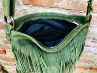 Cross body fringe bag. BOHO suede leather bag in GREEN with FRINGES. Larger model. genuine suede crossbody hippy bag. Green fringed bag