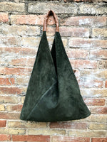 Slouch leather bag in DARK GREEN . Large shoulder leather bag. Boho bag. Laptop bags in suede. Large suede leather bag. GREEN suede bag.