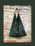 Slouch leather bag in DARK GREEN . Large shoulder leather bag. Boho bag. Laptop bags in suede. Large suede leather bag. GREEN suede bag.