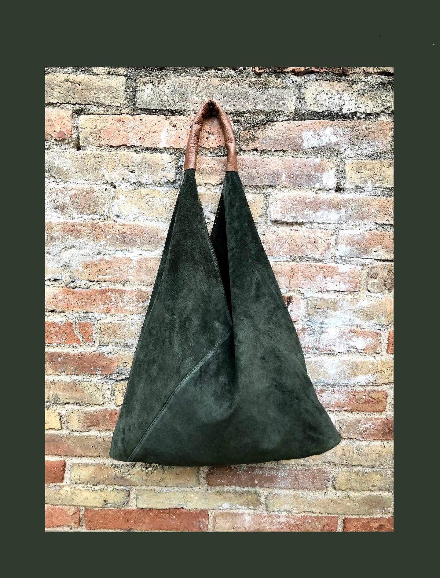 Slouch leather bag in DARK GREEN . Large shoulder leather bag. Boho bag. Laptop bags in suede. Large suede leather bag. GREEN suede bag.