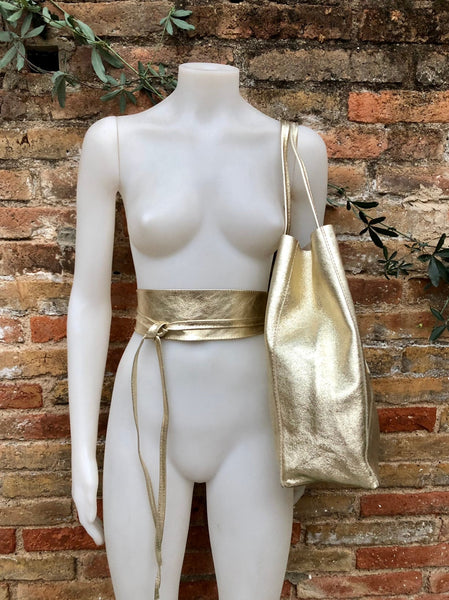 Leather tote bag in GOLD with wrap belt. Soft natural GENUINE leather bag + belt set. Leather shopper bag. Computer, tablet or Laptop bag.