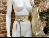 Leather tote bag in GOLD with wrap belt. Soft natural GENUINE leather bag + belt set. Leather shopper bag. Computer, tablet or Laptop bag.