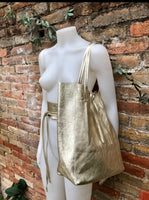 Leather tote bag in GOLD with wrap belt. Soft natural GENUINE leather bag + belt set. Leather shopper bag. Computer, tablet or Laptop bag.