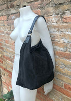 BLACK slouch leather shoulder bag.Genuine leather hobo bag.Boho bag for books or tablets. Soft leather shopper with brown leather wide strap