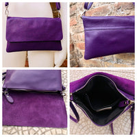 Small leather bag in purple. Crossbody or shoulder bag in GENUINE leather. Purple purse with adjustable strap and zipper underneath the flap