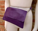 Small leather bag in purple. Crossbody or shoulder bag in GENUINE leather. Purple purse with adjustable strap and zipper underneath the flap