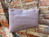 Cross body bag. BOHO soft leather bag in light PINK. Genuine leather. Pale dusty pink crossover, messenger bag. Zipper and adjustable strap