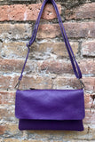 Small leather bag in purple. Crossbody or shoulder bag in GENUINE leather. Purple purse with adjustable strap and zipper underneath the flap