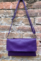 Small leather bag in purple. Crossbody or shoulder bag in GENUINE leather. Purple purse with adjustable strap and zipper underneath the flap