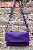 Small leather bag in purple. Crossbody or shoulder bag in GENUINE leather. Purple purse with adjustable strap and zipper underneath the flap