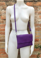 Small leather bag in purple. Crossbody or shoulder bag in GENUINE leather. Purple purse with adjustable strap and zipper underneath the flap