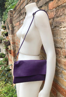 Small leather bag in purple. Crossbody or shoulder bag in GENUINE leather. Purple purse with adjustable strap and zipper underneath the flap