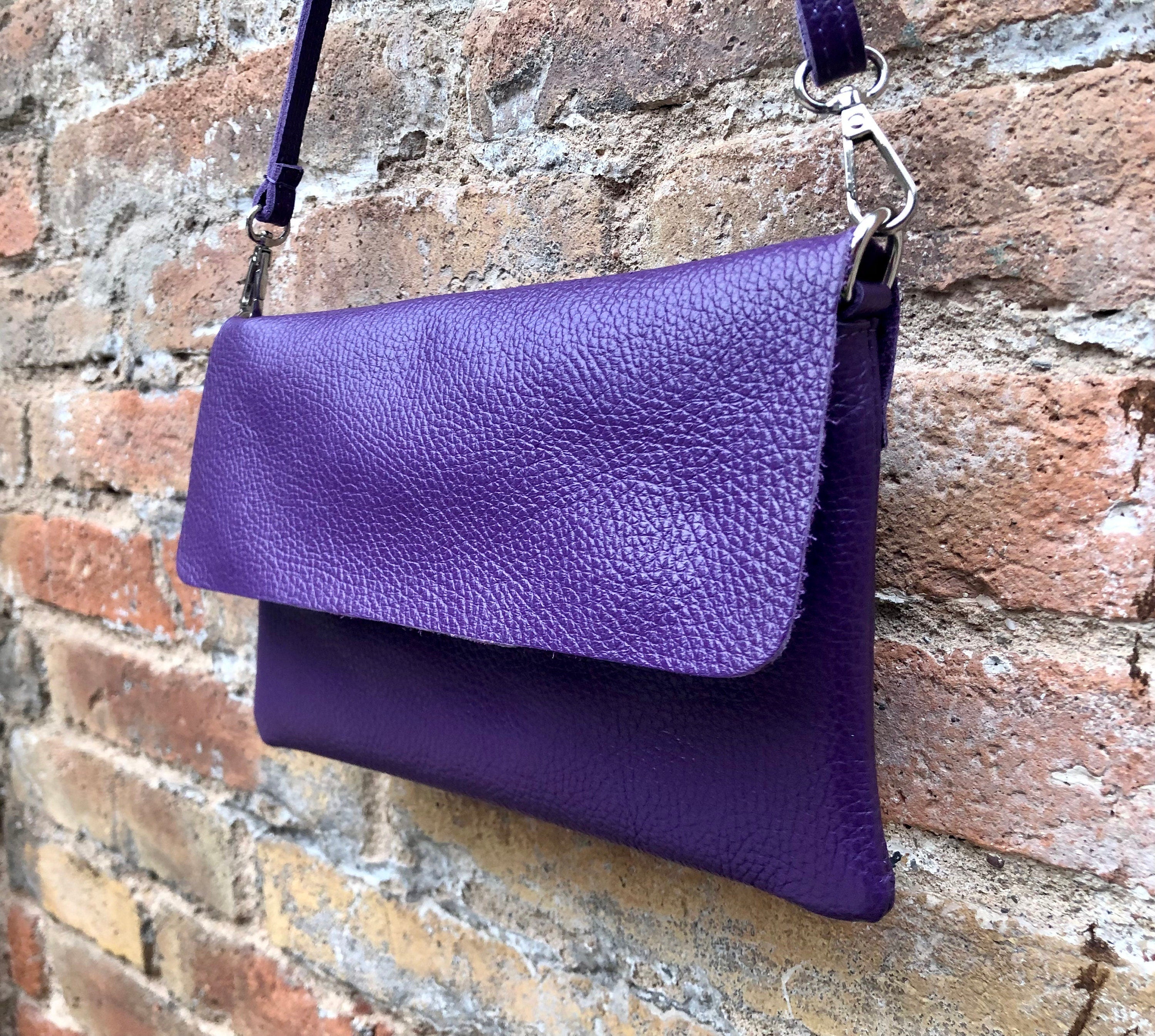 Small leather bag in purple. Crossbody or shoulder bag in GENUINE leather. Purple purse with adjustable strap and zipper underneath the flap