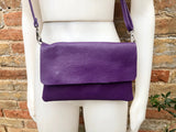 Small leather bag in purple. Crossbody or shoulder bag in GENUINE leather. Purple purse with adjustable strap and zipper underneath the flap
