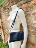 Small leather bag in NAVY BLUE. Crossbody or shoulder bag in GENUINE leather. Dark blue purse with adjustable strap. flap and zipper.