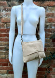 Cream crossbody suede bag. BOHO genuine leather bag in light BEIGE. Cream suede purse. Beige messenger. Zpper, flap + adjustable strap