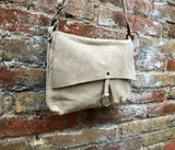 Cream crossbody suede bag. BOHO genuine leather bag in light BEIGE. Cream suede purse. Beige messenger. Zpper, flap + adjustable strap