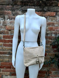 Cream crossbody suede bag. BOHO genuine leather bag in light BEIGE. Cream suede purse. Beige messenger. Zpper, flap + adjustable strap