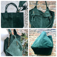 Moss GREEN leather shopper bag in genuine natural suede. Slouchy green carry all tote bag for laptop, tablet, books. Green suede purse