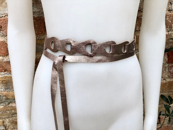 60s 70s hippy style belt. Hip - waist belt in genuine leather. BRONZE, dark GOLD wrap belt. Metallic shine waist belt for a dress or tunic