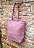 NEW with zipper and lining. large tote leather bag in PURPLE-PINK. Soft genuine leather shopper. Carry all bag for laptops, tablets, books..