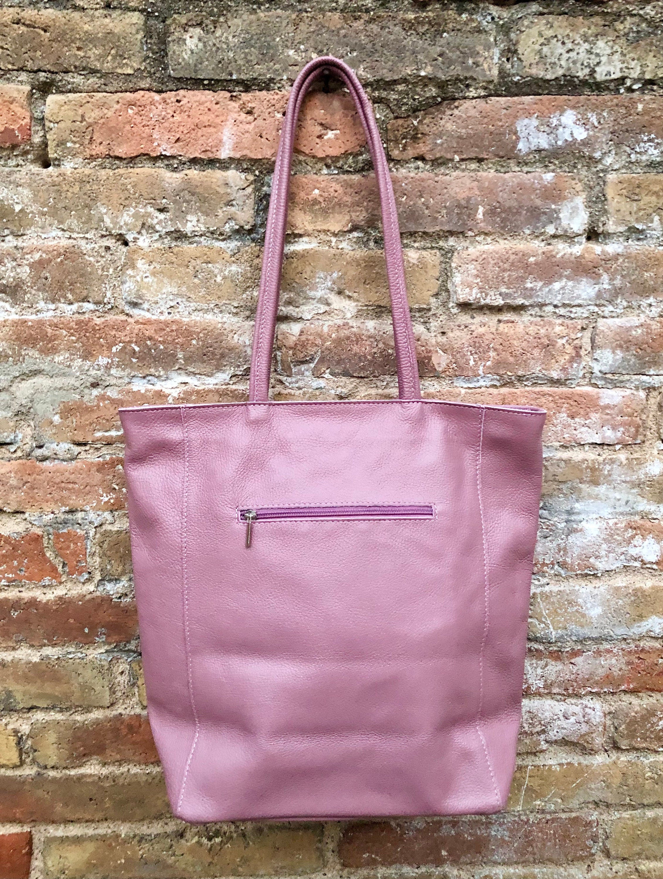 NEW with zipper and lining. large tote leather bag in PURPLE-PINK. Soft genuine leather shopper. Carry all bag for laptops, tablets, books..