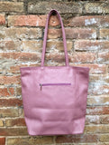 NEW with zipper and lining. large tote leather bag in PURPLE-PINK. Soft genuine leather shopper. Carry all bag for laptops, tablets, books..