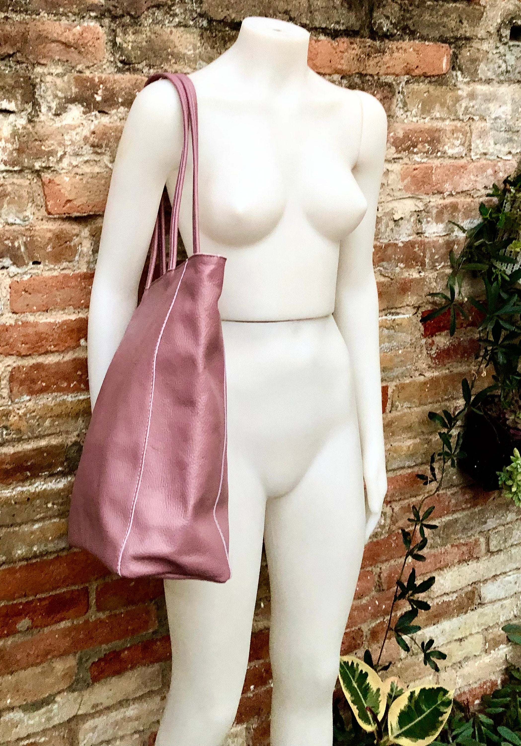 NEW with zipper and lining. large tote leather bag in PURPLE-PINK. Soft genuine leather shopper. Carry all bag for laptops, tablets, books..