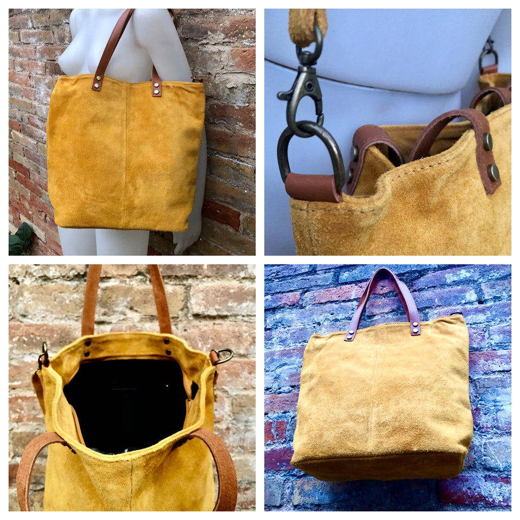 Large TOTE leather bag in MUSTARD yellow. Soft suede, genuine leather bag. Yellow suede bag. Laptop bag in suede. Large cross body bag