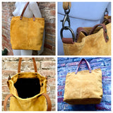 Large TOTE leather bag in MUSTARD yellow. Soft suede, genuine leather bag. Yellow suede bag. Laptop bag in suede. Large cross body bag