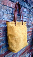 Large TOTE leather bag in MUSTARD yellow. Soft suede, genuine leather bag. Yellow suede bag. Laptop bag in suede. Large cross body bag