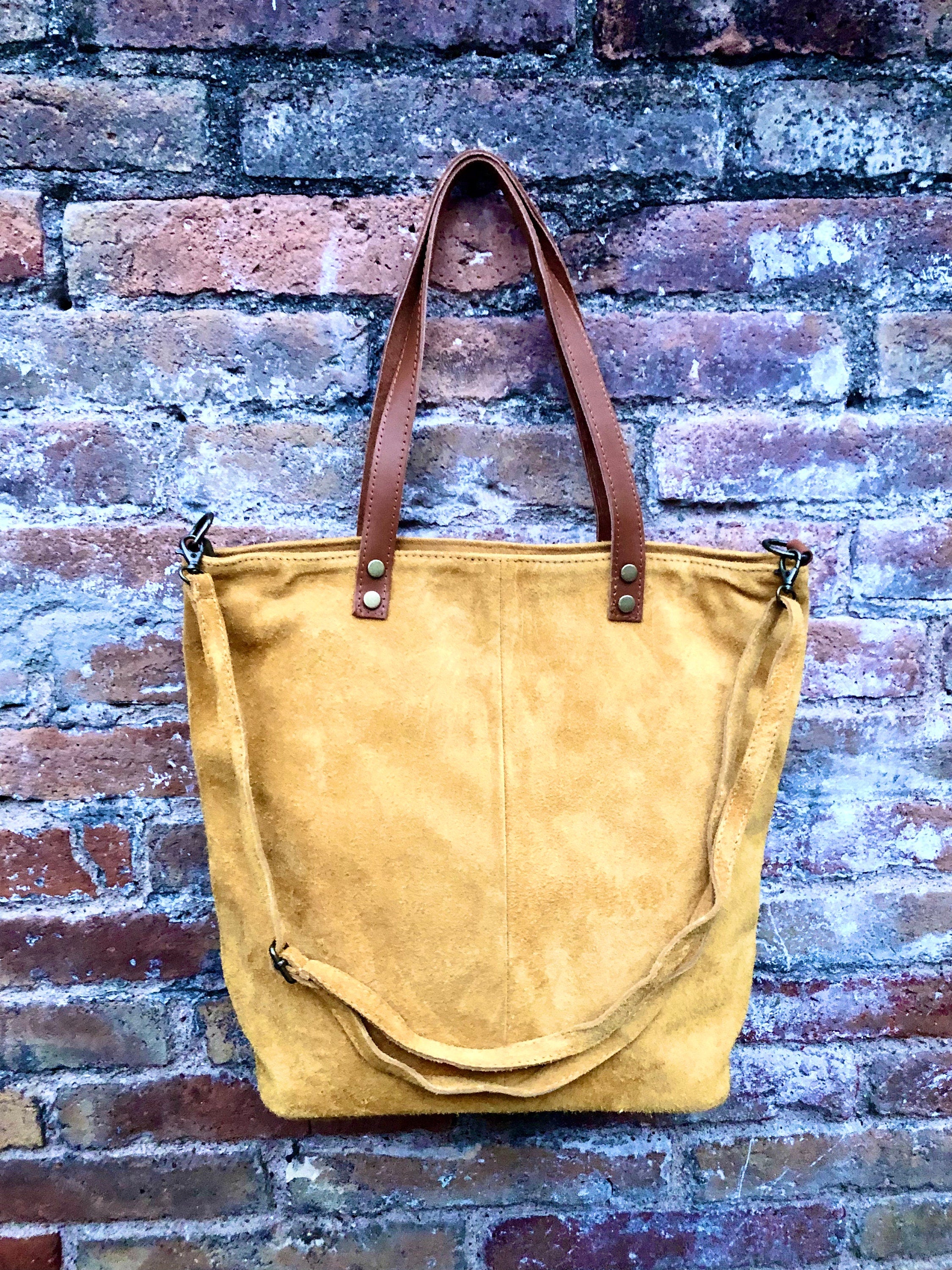 Large TOTE leather bag in MUSTARD yellow. Soft suede, genuine leather bag. Yellow suede bag. Laptop bag in suede. Large cross body bag