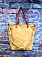 Large TOTE leather bag in MUSTARD yellow. Soft suede, genuine leather bag. Yellow suede bag. Laptop bag in suede. Large cross body bag