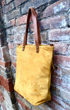 Large TOTE leather bag in MUSTARD yellow. Soft suede, genuine leather bag. Yellow suede bag. Laptop bag in suede. Large cross body bag