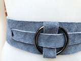 Boho 70s , 80s style BLUE-GRAY suede obi belt. Wrap belt in natural soft suede. waist belt. BLUE wraparound belt in genuine leather