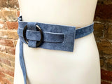 Boho 70s , 80s style BLUE-GRAY suede obi belt. Wrap belt in natural soft suede. waist belt. BLUE wraparound belt in genuine leather