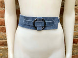 Boho 70s , 80s style BLUE-GRAY suede obi belt. Wrap belt in natural soft suede. waist belt. BLUE wraparound belt in genuine leather