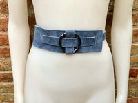 Boho 70s , 80s style BLUE-GRAY suede obi belt. Wrap belt in natural soft suede. waist belt. BLUE wraparound belt in genuine leather