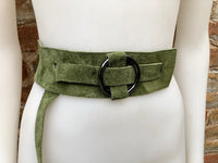 Boho 70s , 80s style GREEN suede OBI belt. Wrap belt in natural soft suede. Green waist belt, Wraparound green belt in genuine leather