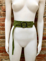 Boho 70s , 80s style GREEN suede OBI belt. Wrap belt in natural soft suede. Green waist belt, Wraparound green belt in genuine leather