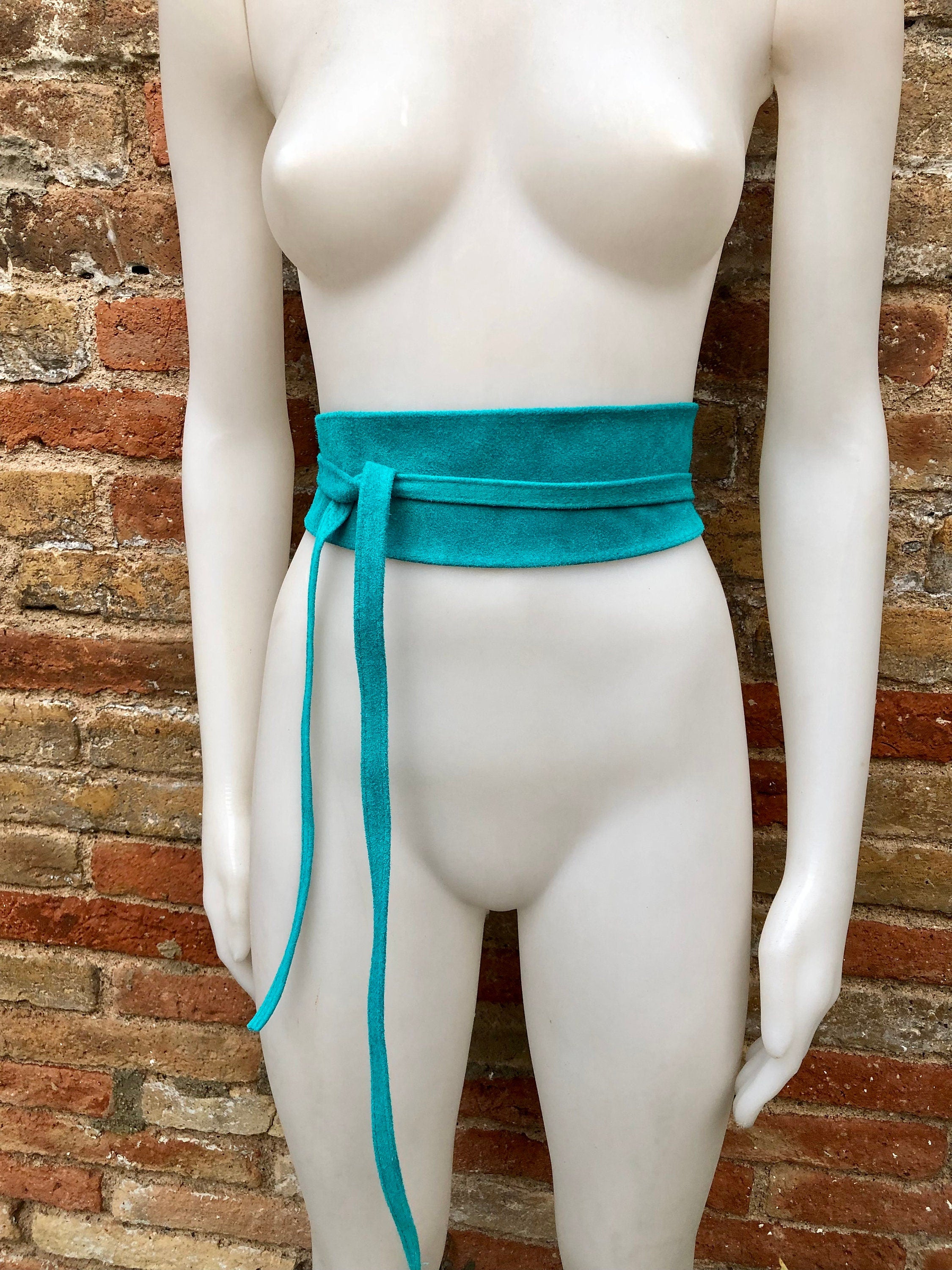 TURQUOISE suede OBI belt in natural soft leather. Blue waist belt. Soft leather belt, beige sash, boho belt, boho wrap belt