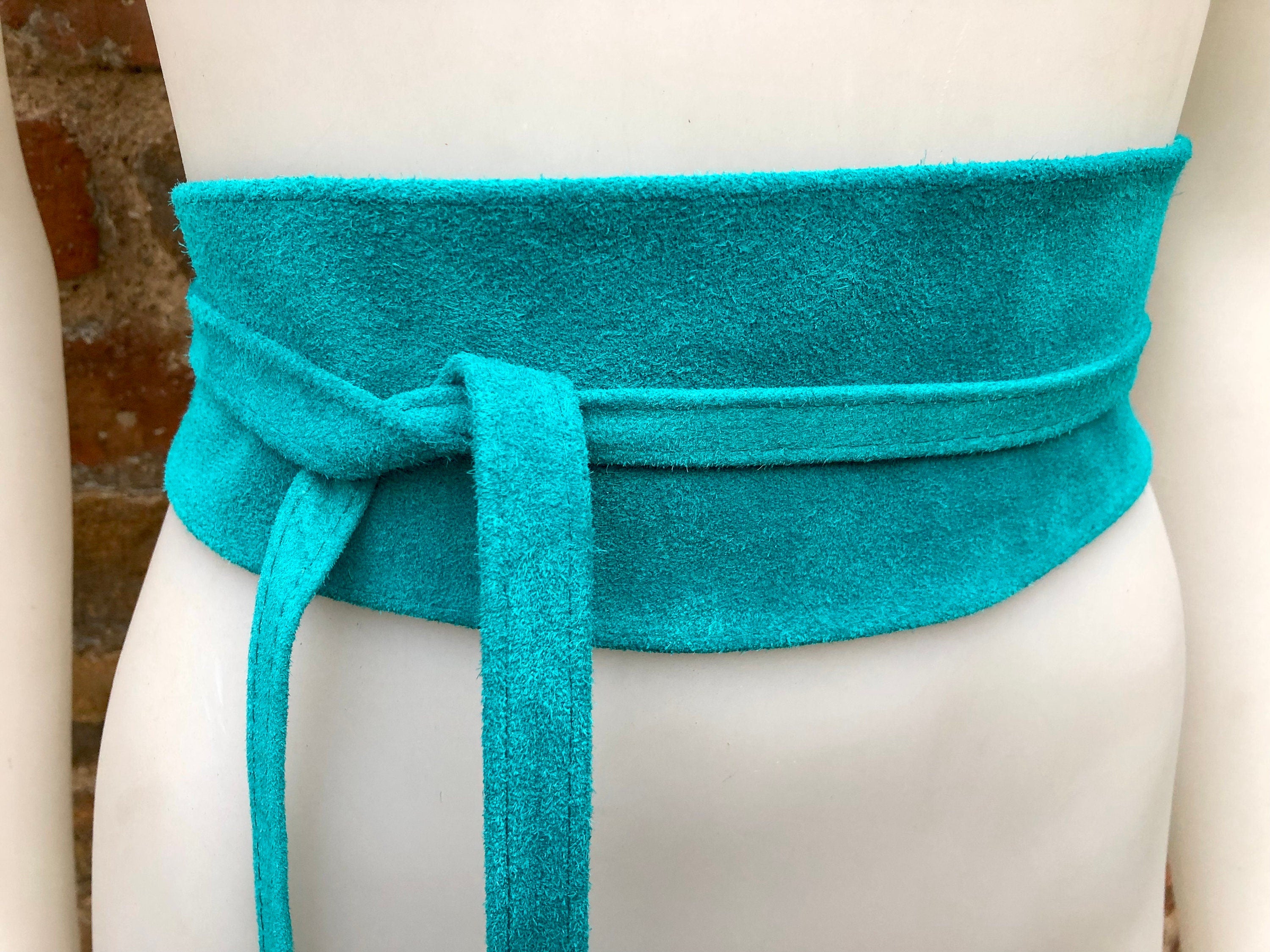 TURQUOISE suede OBI belt in natural soft leather. Blue waist belt. Soft leather belt, beige sash, boho belt, boho wrap belt