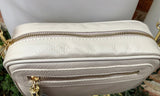 Small leather bag in CREAM BEIGE. Cross body bag, shoulder bag in GENUINE leather. Beige bag with adjustable strap and zippers. Gold accents