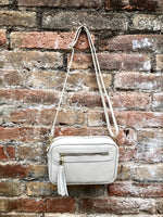 Small leather bag in CREAM BEIGE. Cross body bag, shoulder bag in GENUINE leather. Beige bag with adjustable strap and zippers. Gold accents