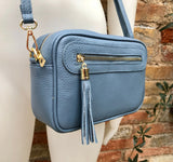 Small leather bag in BLUE. Cross body bag, shoulder bag in GENUINE leather. BLUE bag with adjustable strap and zippers. Gold accents.