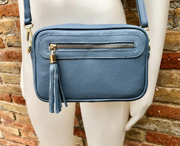 Small leather bag in BLUE. Cross body bag, shoulder bag in GENUINE leather. BLUE bag with adjustable strap and zippers. Gold accents.