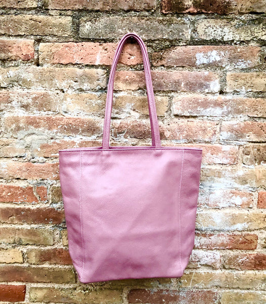 NEW with zipper and lining. large tote leather bag in PURPLE-PINK. Soft genuine leather shopper. Carry all bag for laptops, tablets, books..