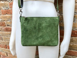 Suede leather bag in moss green. Cross body bag, shoulder bag in GENUINE leather. Small leather bag with adjustable strap and zipper.